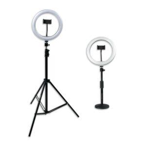 Set Of Two (2) Height-adjustable Stands With Pivoting Led Ring Lights And Universal Pho